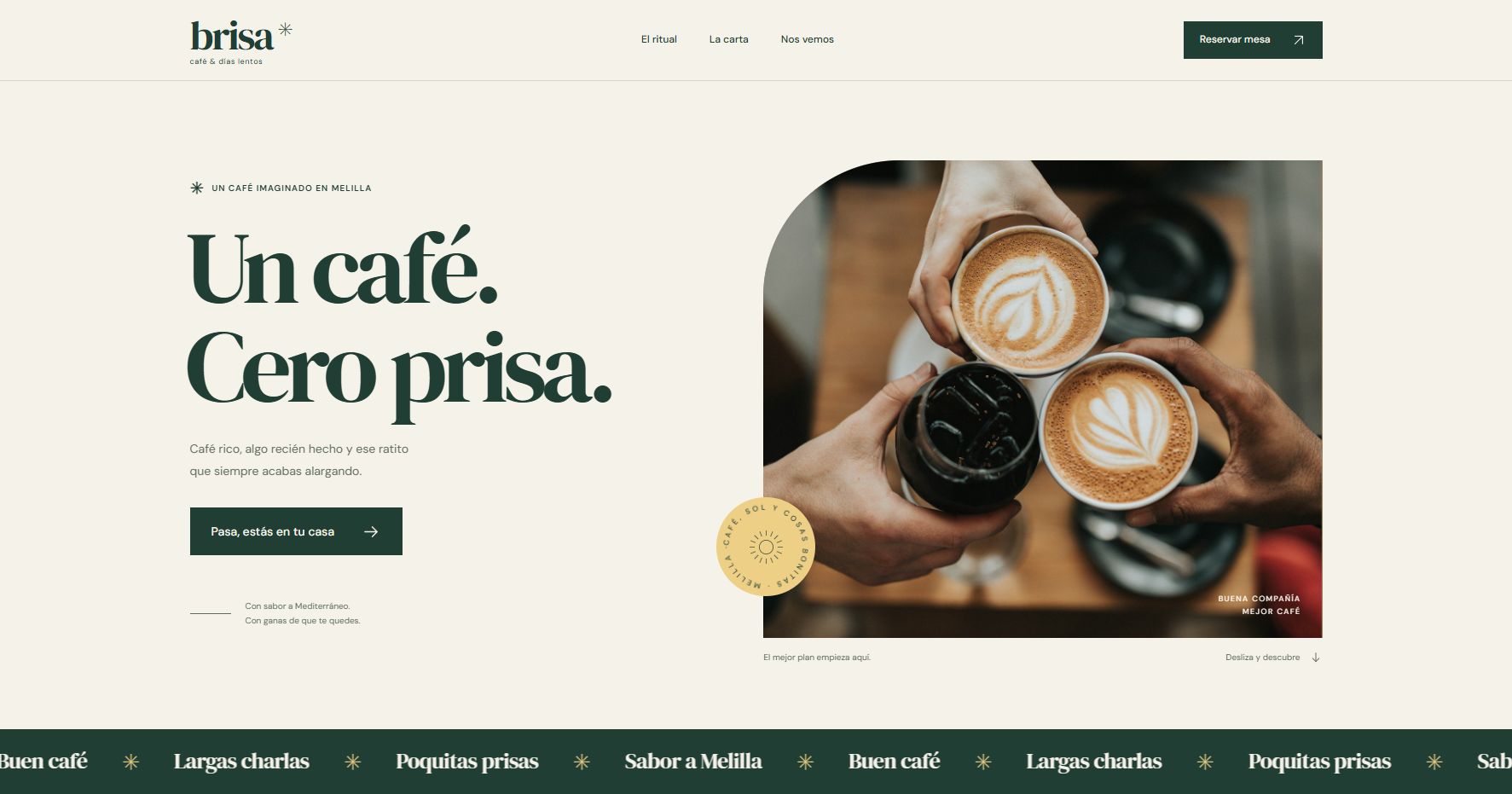 Web de Brisa: tipografía verde sobre crema y una fotografía de café