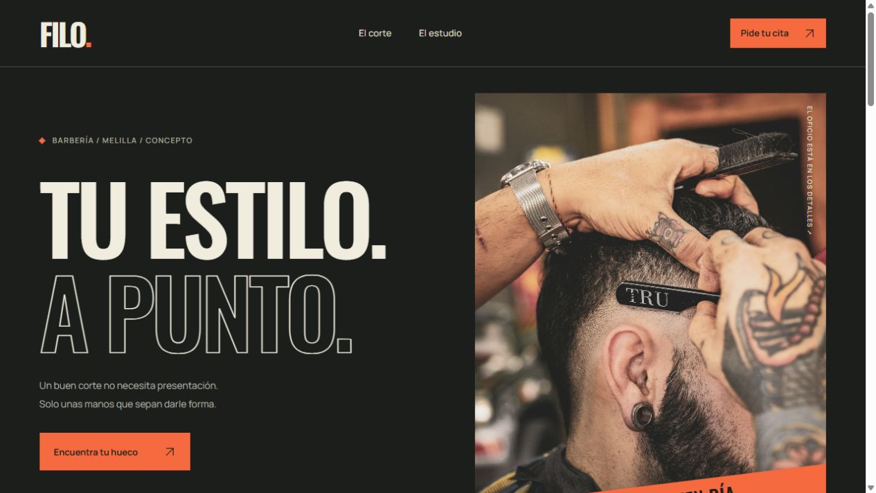 Web de Filo: barbería con fotografía de un corte y una identidad negra y naranja